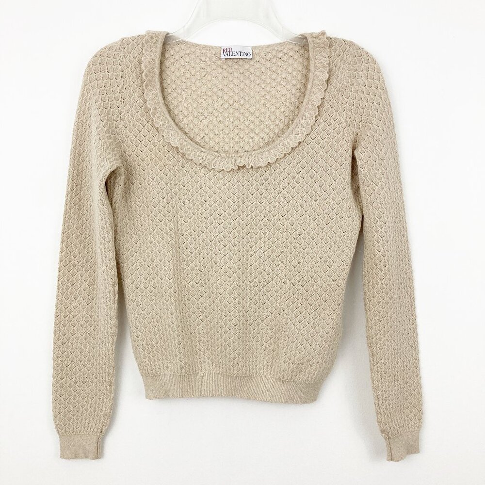 Red Valentino Knit Sweater Top Size M‎ Beige Metallic Gold Ruffle Scoop Neck